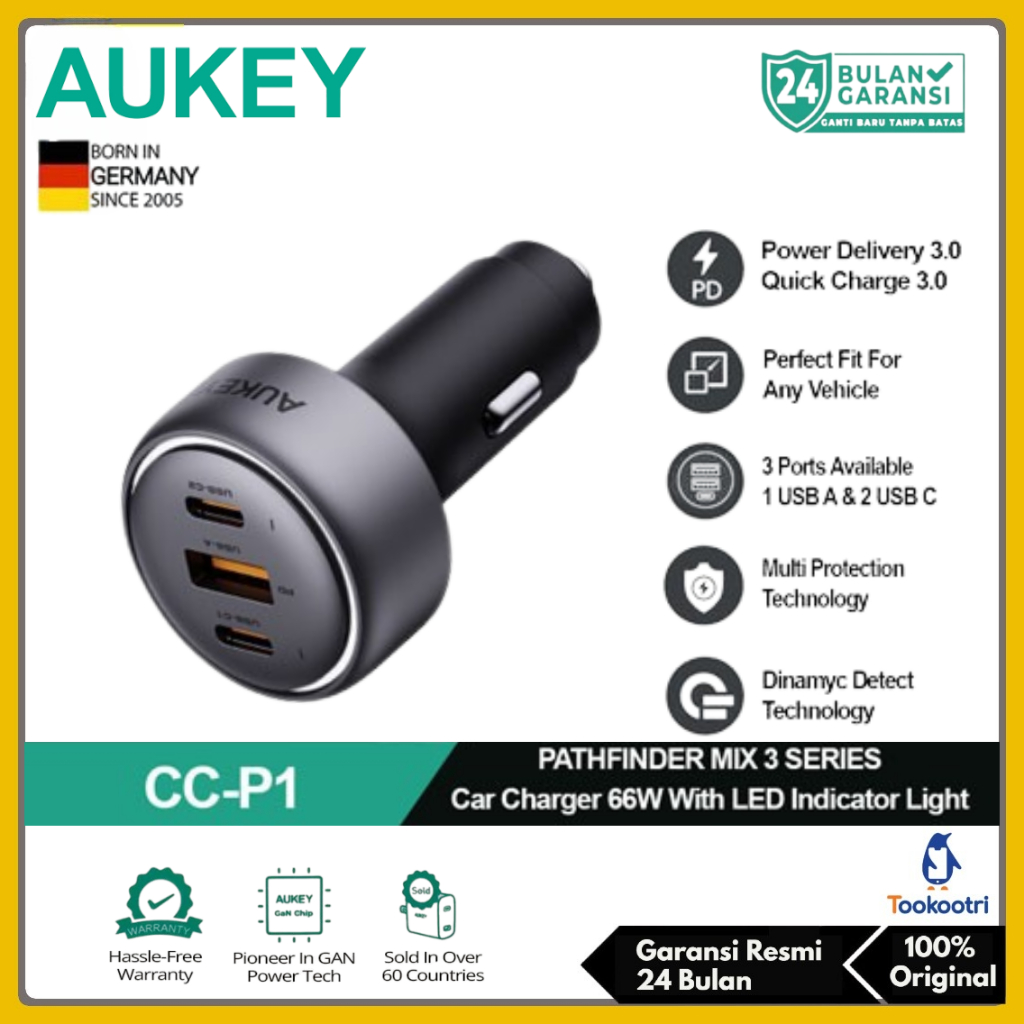 AUKEY ที่ชาร์จแบตในรถ 66W 3 พอร์ตชาร์จเร็ว (2 USB Type C & 1 USB Type A) PD 3.0 QC 3.0 PPS