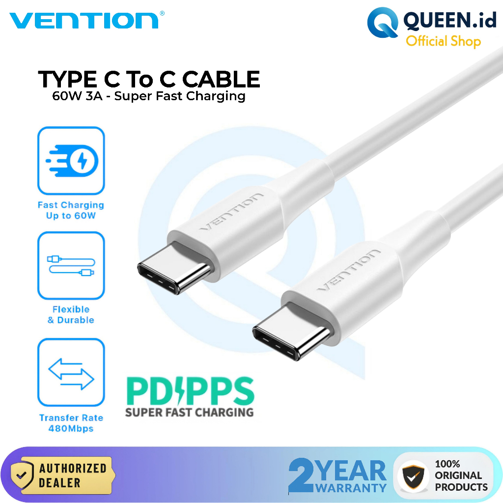 Vention USB Charger Data Cable TYPE C To C PD 60W 3A QC 4.0 50cm 1M 1.5M Fast Charging PVC-TAX