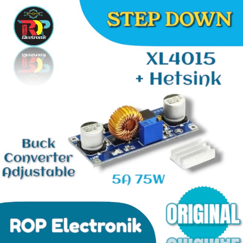 ขั้นตอนลง 5A XL4015 75W DC-DC Buck Converter ปรับ CV + ฮีทซิงค์