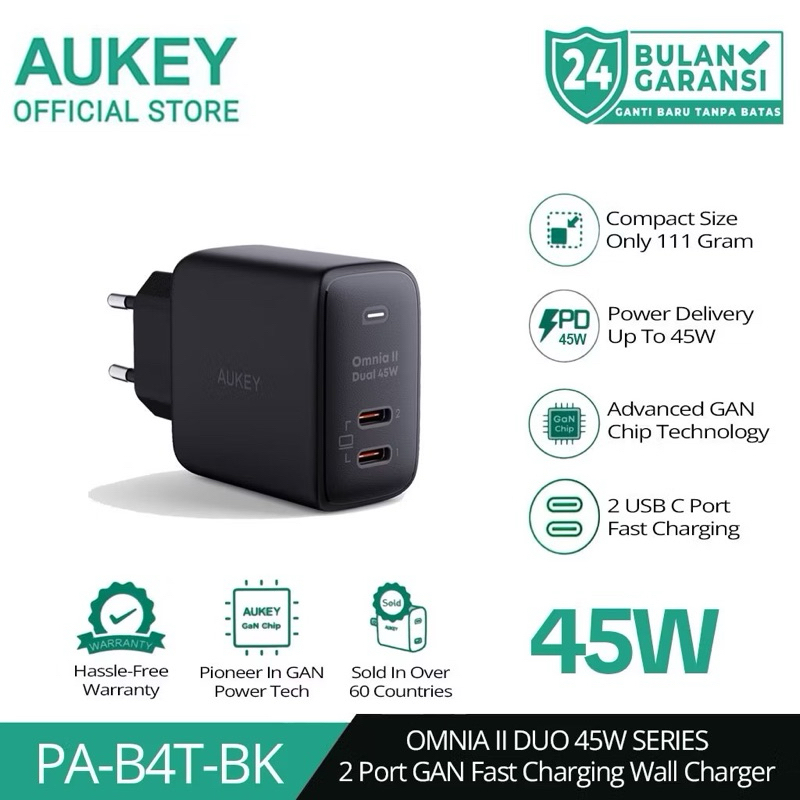 AUKEY Adapter Charger Dual Port Type C 45W GAN PD 3.0 Fast Charging PA-B4T-BK