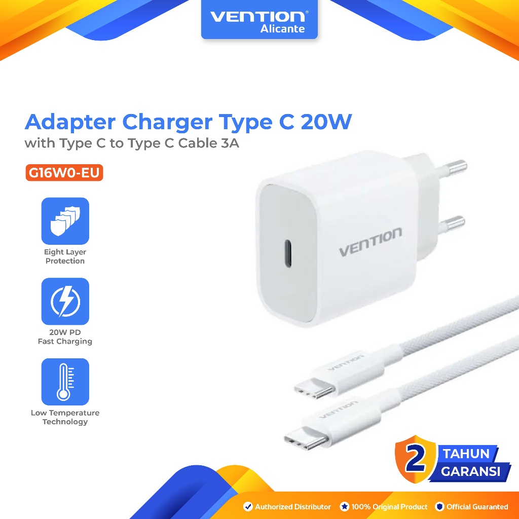 Vention Adapter Charger 20W PD Fast Charging Type C พร้อมสาย Type C to C 3A 60W 1M Braided White - G