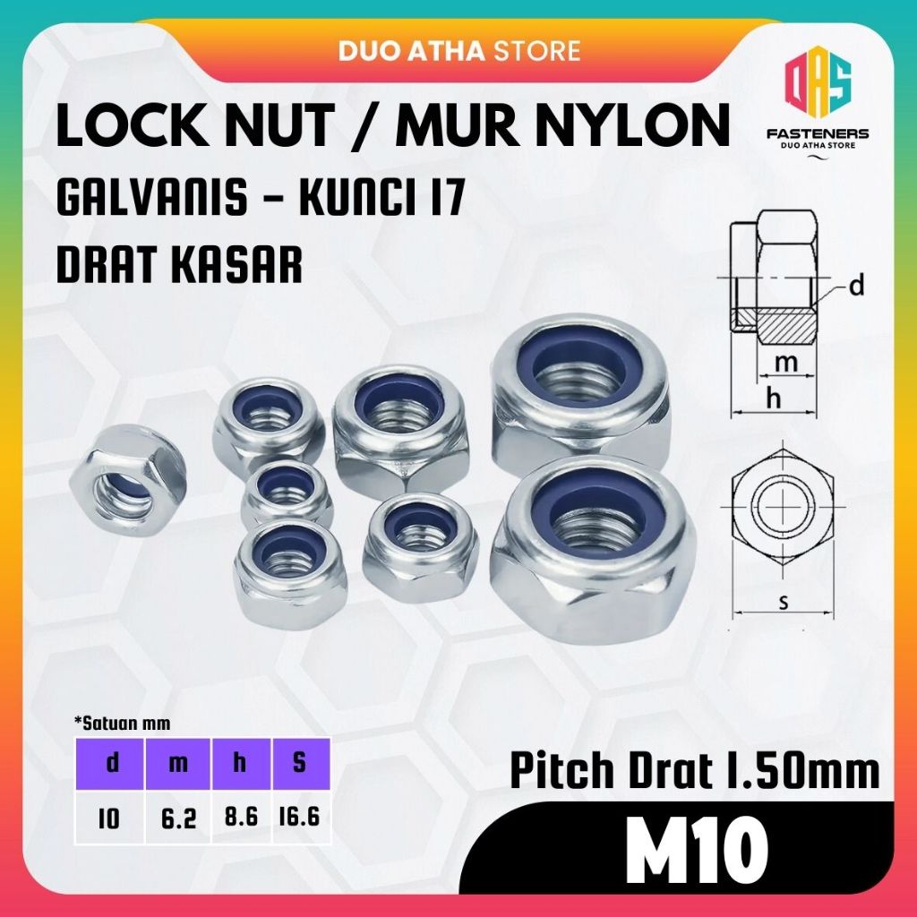 น็อตไนลอน M10x1.5 / น็อตล็อค M10 / น็อตไนลอน M10 สังกะสี กุญแจสีขาว 17