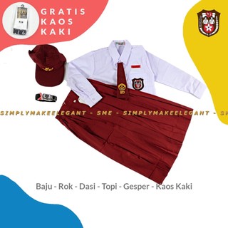 Paket Lengkap Seragam Sekolah SD Perempuan Panjang Baju Oxford Rok Vimatex Hijab Topi Dasi Kaos Kaki Gesper Kelas 1-6 SD