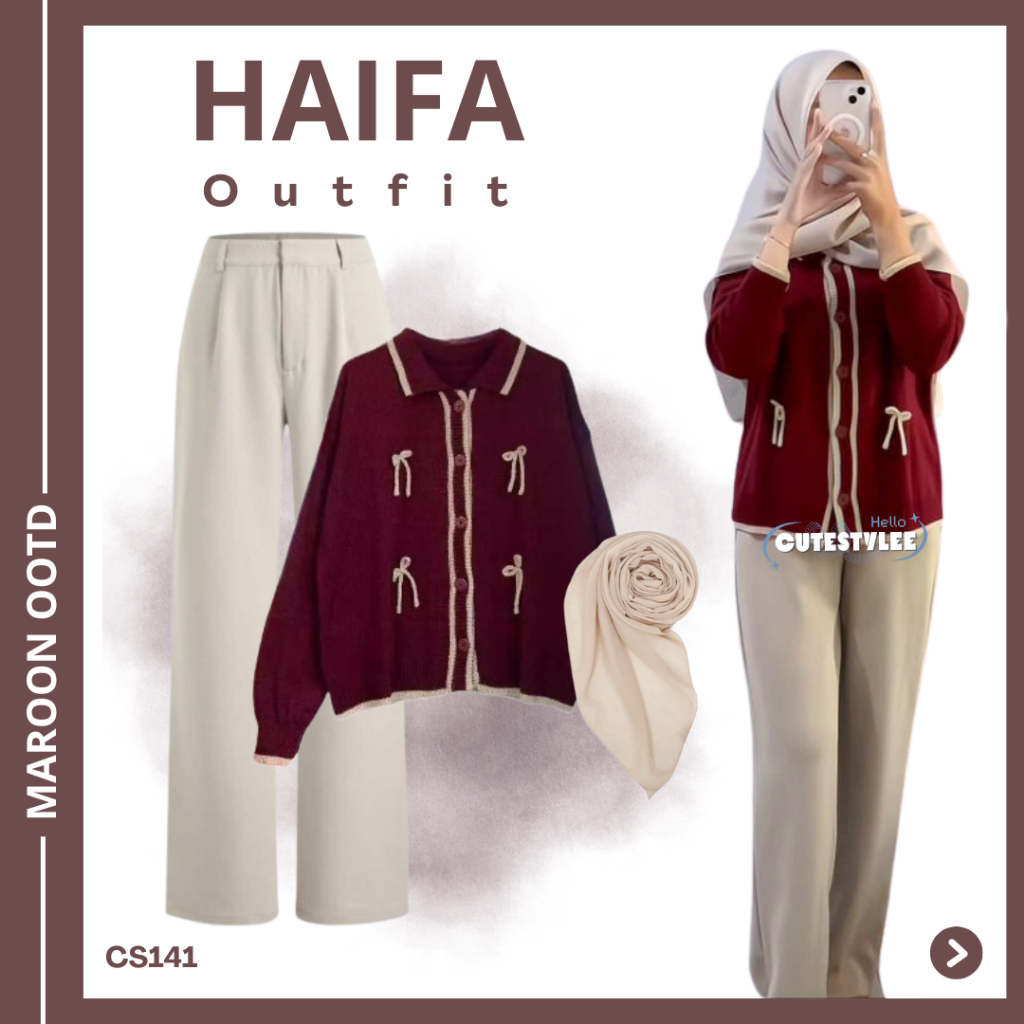 One Set สไตล์เกาหลี (Ribbon Cardigan, Loose Pants, Premium Hijab) ล่าสุด Coquette Outfit CS141