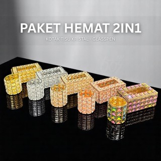 603 Hampers Gift Paket Hemat Kotak Tisu Kristal dan Glass Pen Kristal Set (2in1) Gold