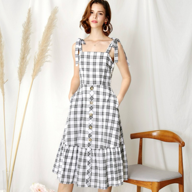 PRELOVED Andwelldressed Black & White Checkered Devote Tie ไหล่ Midi ชุด Kotak แฟชั่นผู้หญิงแบรนด์