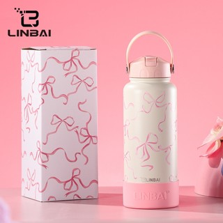 LINBAI Flask 32oz Printing Stainless Steel Water Bottle with Straw and Boot Tumbler Hot and Cold Vacuum Insulated Cup