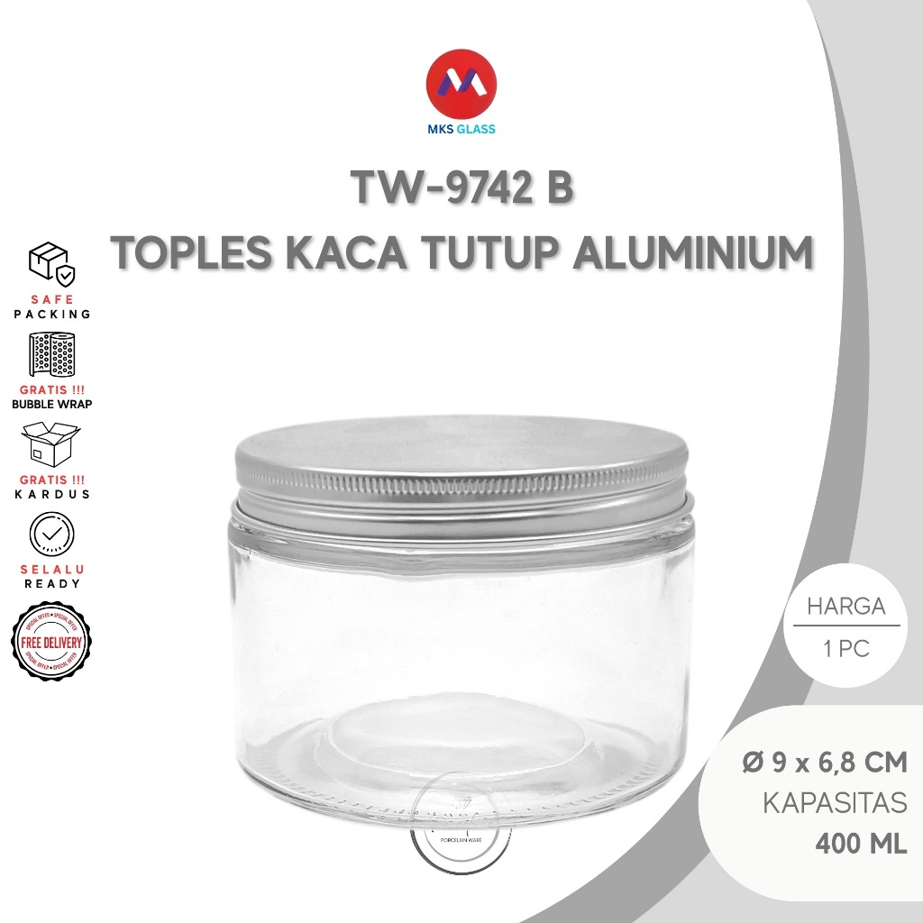 MKS ขวดแก้วกลมแก้ว ขนาด M 9 x 6.8 ซม. ฝาอลูมิเนียม 400 มล. คุกกี้ขนมหวาน Aesthetic