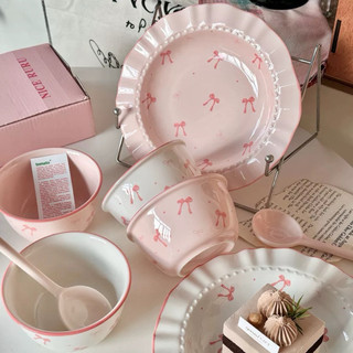 Cherie Ruffled Ceramic Plate & Bowl Set | Set Piring Mangkok Sendok Keramik Aesthetic Motif Pita | Perlengkapan Makan Aesthetic Warna Pastel | Aesthetic Ceramic Cutlery Set | Alat Makan Keramik Import Lucu, Cantik & Unik