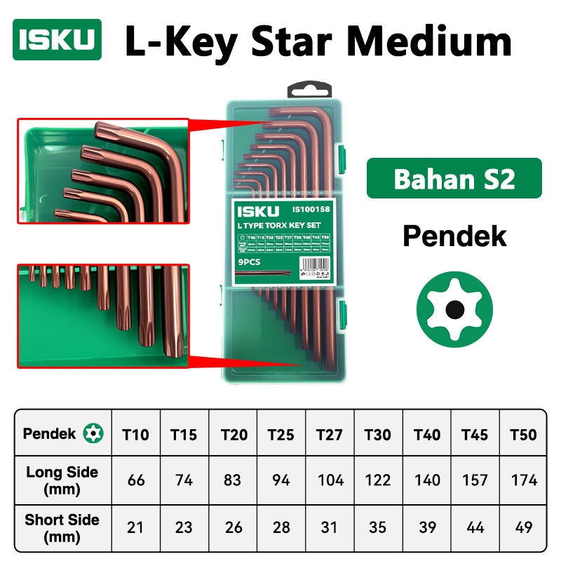 ID ISKU L STAR KEY SET ยาว 9 ชิ้น/L KEY SET T10-T50 L KEY LONG TORX KEY HEX KEY SET