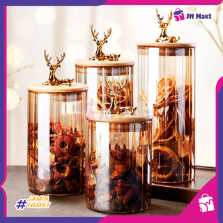 JHM - Set Toples Rusa Gold Mewah Bahan Kaca Tutup Kayu Kedap Udara Isi 4 Pcs