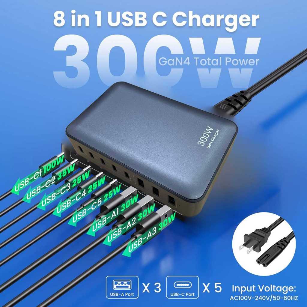 เครื่องชาร์จ USB Docking Station 8 Multi Port Type C PD QC GaN4 300W