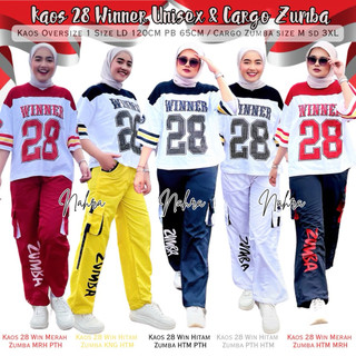 Setelan Kaos Winner 28 Unisex & Cargo Zmb 1SET Bahan Katun Combat 24s dan Celana Bahan Parasut Untuk Aktifitas Olahraga & Daily