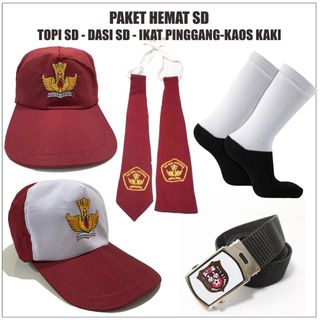 Topi SD ( Paket Hemat ) Topi Sekolah Dasi SD Sabuk Ikat Pinggang SD Topi SD MERAH PUTIH MERAH POLOS