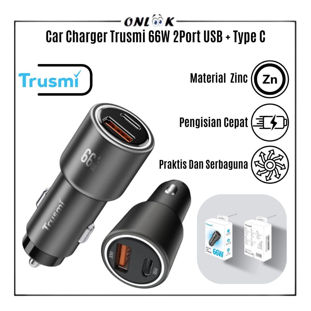 Trusmi PD66W Car Charger Type-C+USB Fast Charging Dual Port66W High Output & Safe