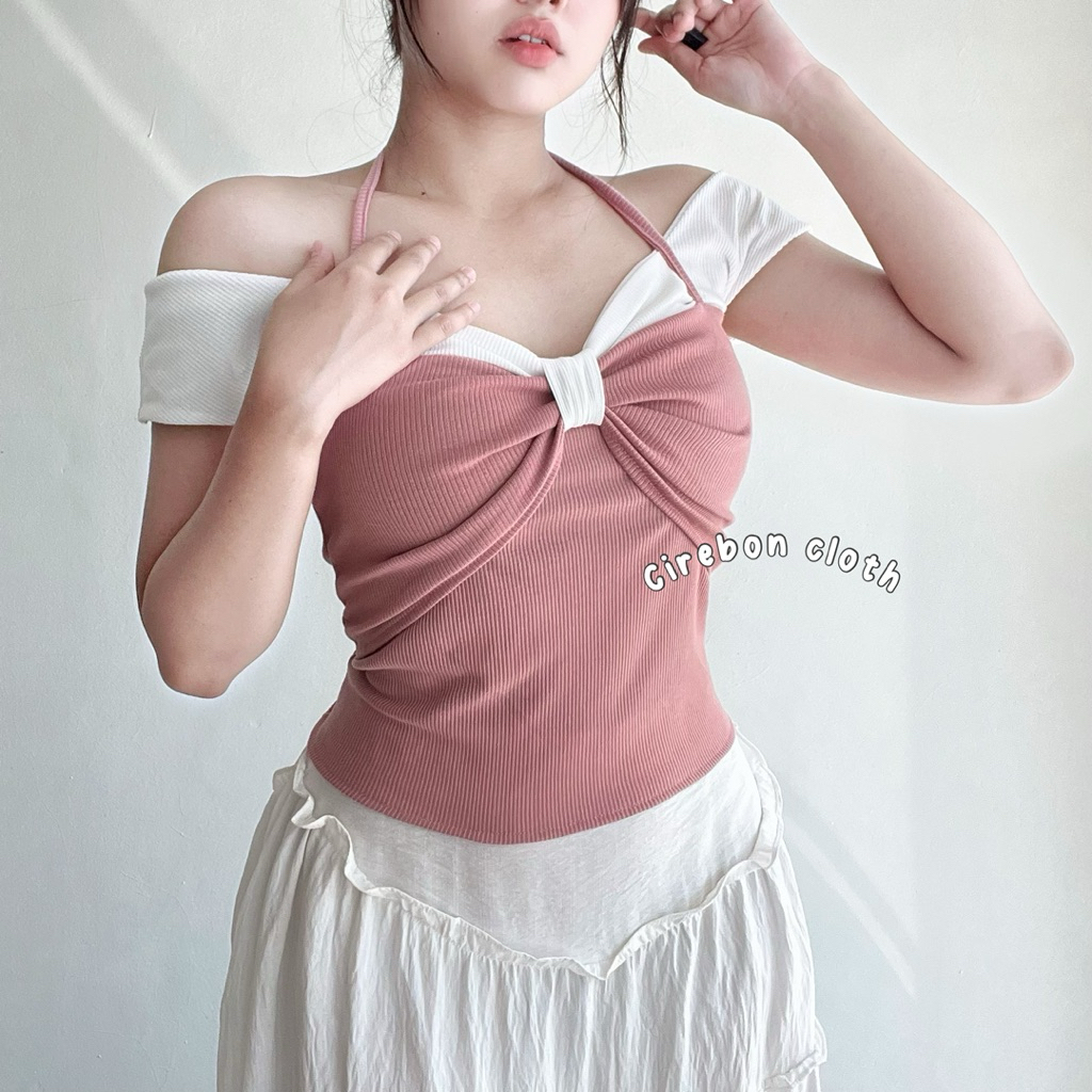 KIYANA Cirebon Cloth - Chery Ribbon Top / Womens Sabrina / Coquette Top