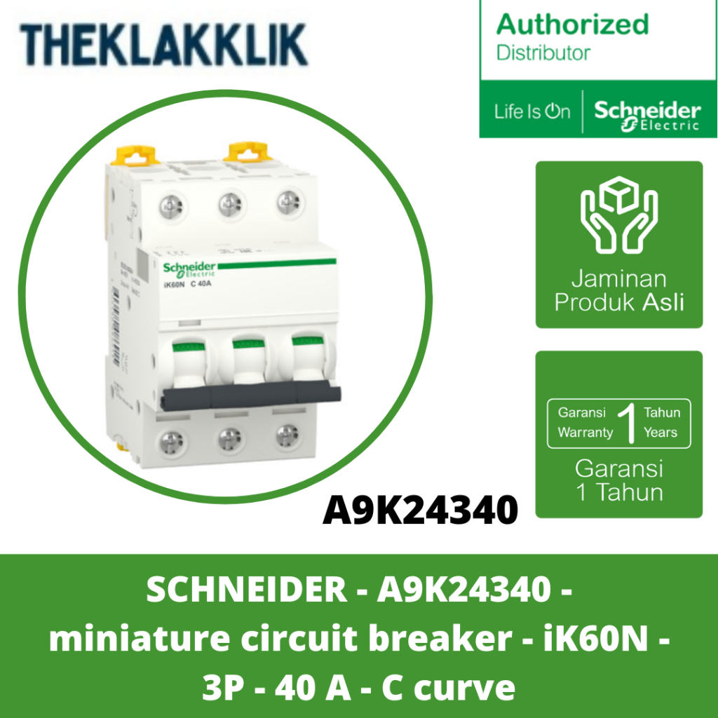 SCHNEIDER - A9K24340 - เซอร์กิตเบรกเกอร์ขนาดเล็ก (MCB) - iK60N - 3P - 40 A - โค้ง C