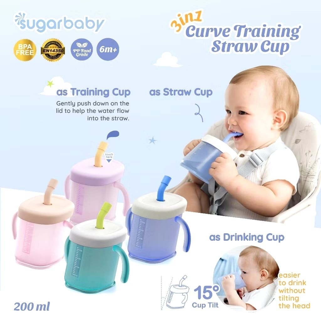 (D) SUGAR BABY 3IN 1 CURVE TRAINING STRAW CUP 200Ml / MPASI GLASS / SPILL-PROOF BABY DRINKING GLASS