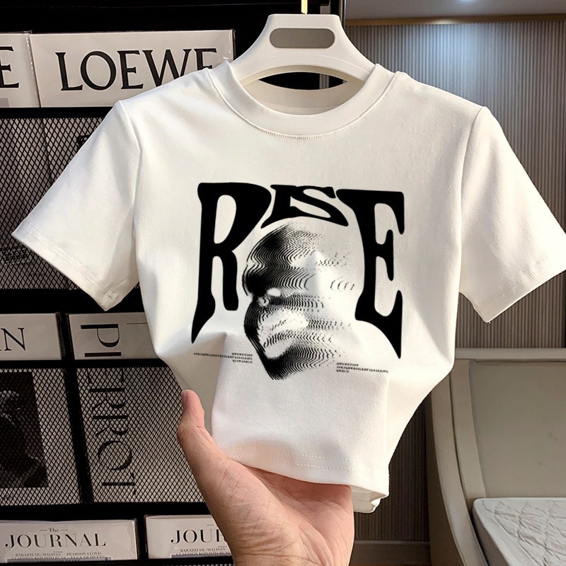 Yesgirl เสื้อครอปทรงสลิมฟิตของผู้หญิง Rse T เสื้อ Croptee Fuschia คอพื้นฐานสไตล์เกาหลี