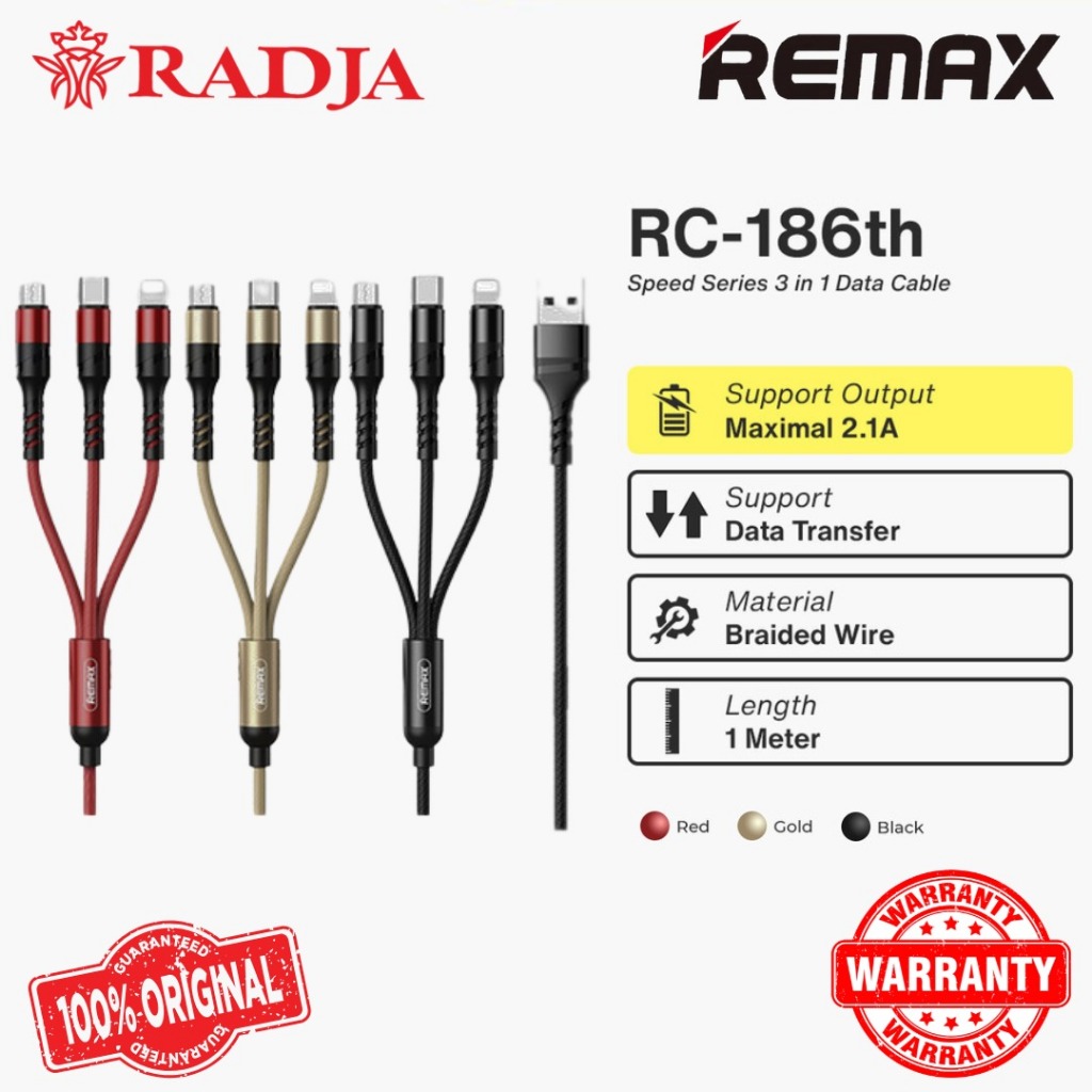 REMAX RC-186th 3 in 1 USB to M+L+C 3.1A SPEED SERIES สายชาร์จ