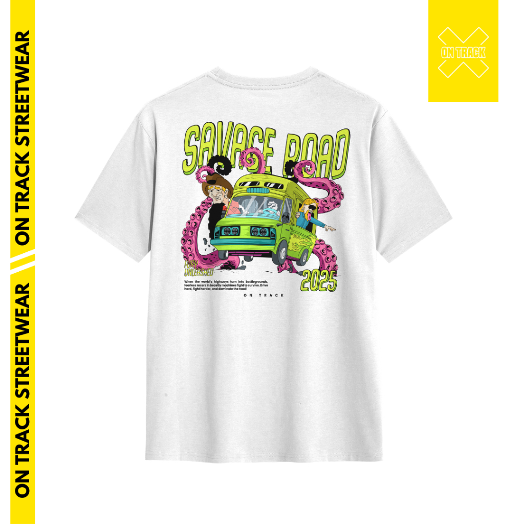 On Track - ผู้ใหญ่ Distro เสื้อยืด Savage Road สีขาวผู้ชายผู้หญิงสีขาว DTF หน้าจอการพิมพ์ผ้าฝ้าย Com