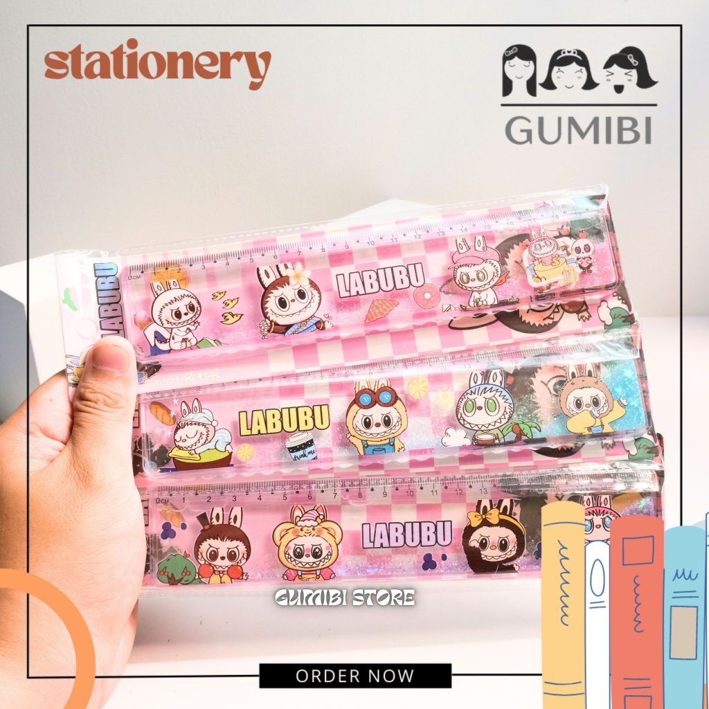 LABUBU WATER GLITTER RULER 20 CM PREMIUM PUMPKIN CUTE CHARACTER BEAD GLITTER WATER RULER