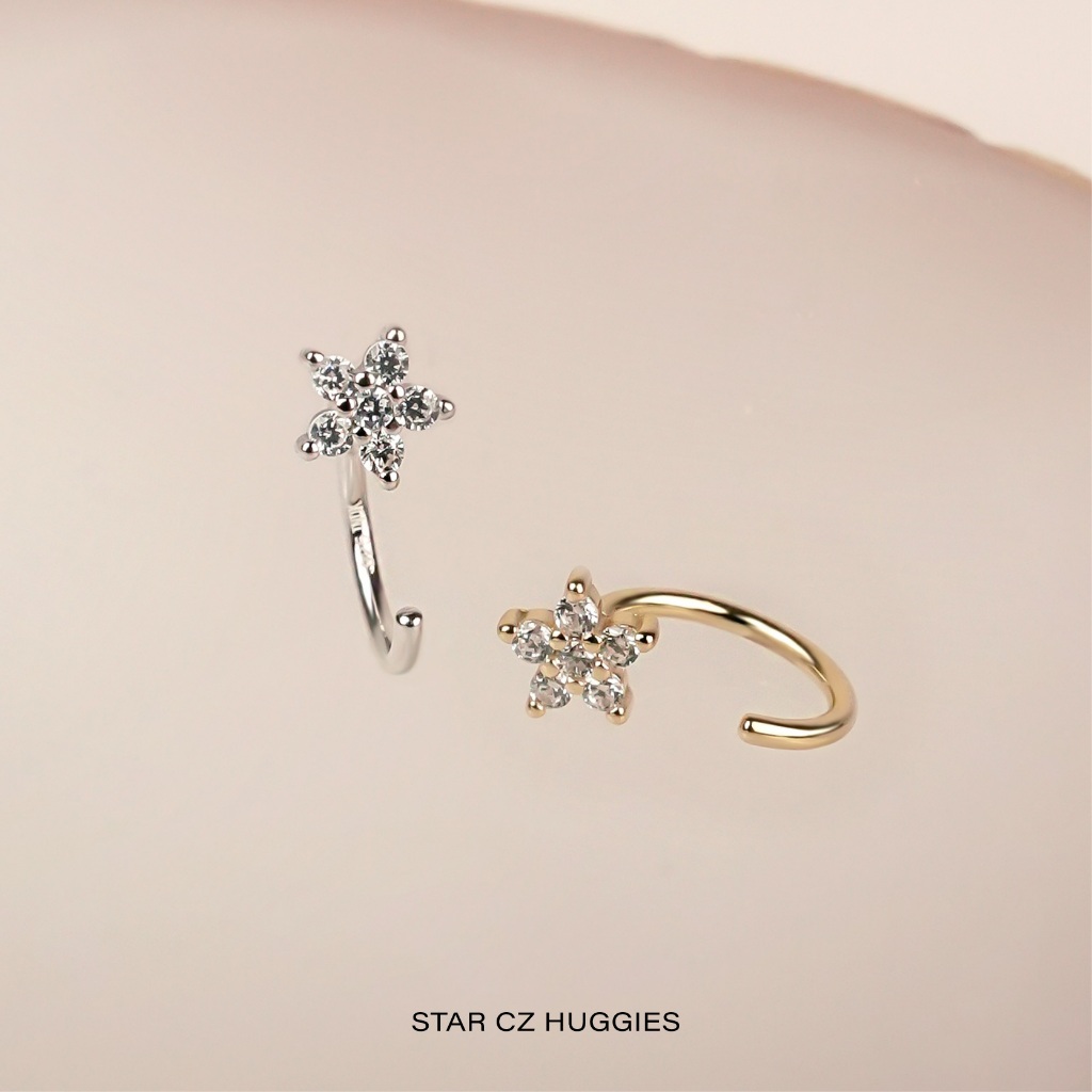 ต่างหูเงิน 925 - 18K Gold Plated Star CZ Huggies 7mm [Didik ID]