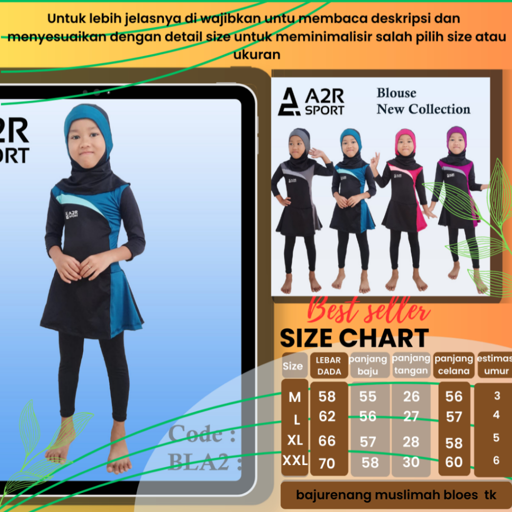 A2R Sport - เสื้อ 2 ชุดว่ายน้ําเด็กผู้หญิงมุสลิมอนุบาล