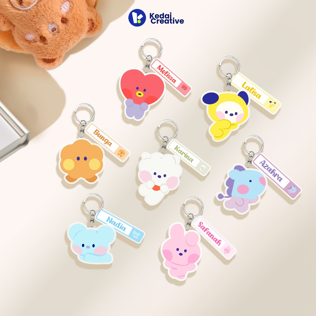 GANTUNGAN Creative Shop สําหรับพวงกุญแจเด็กตัวอักษร BT21 พร้อมชื่อที่กําหนดเองฟรี