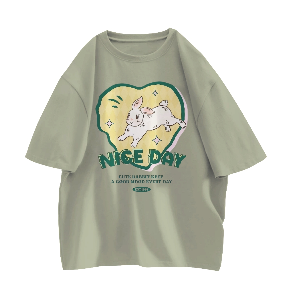 HELEYTIC Tshirt Rabbit Nice Day – เสื้อยืดโอเวอร์ไซส์แขนสั้นเรียบง่ายสําหรับผู้ชายและผู้หญิง A7801