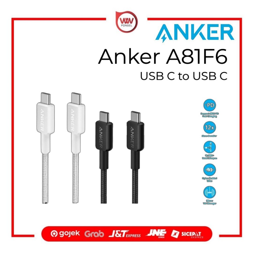 Anker 322 A81F6 60W 3A USB Type C to C สายไนลอน 6FT สายชาร์จ