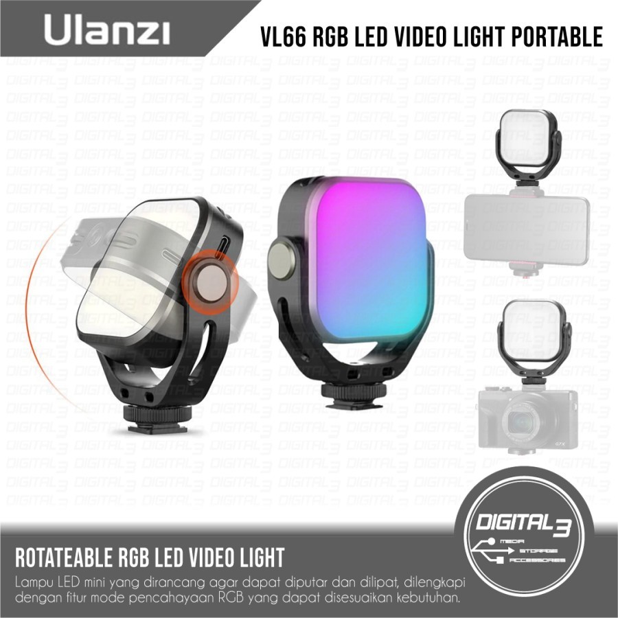 ULANZI VL66 Mini Fill Lamp RGB LED Video Light 360° Rotatable Portable 3200K-6500K Cold Shoe Adjusta