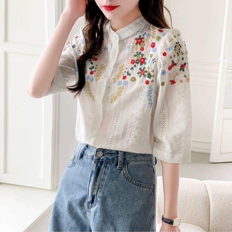 MDLV ~ M25D70 Stevi เสื้อเชิ้ตคอปกวงผ้าฝ้ายปักลาย