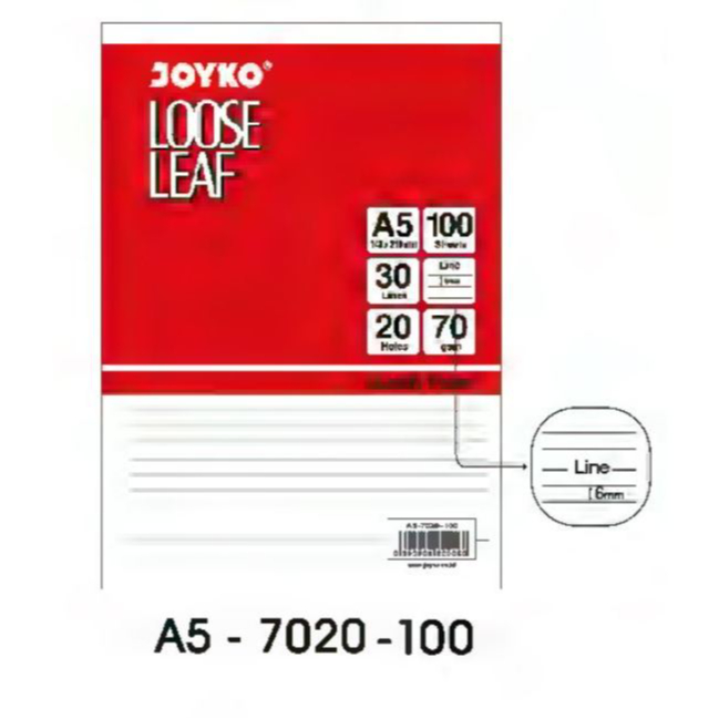 Loose Leaf Joyko A5 Line 100 แผ่น A5-7020-100 / A5 Binder Refill Paper 100 แผ่น Line