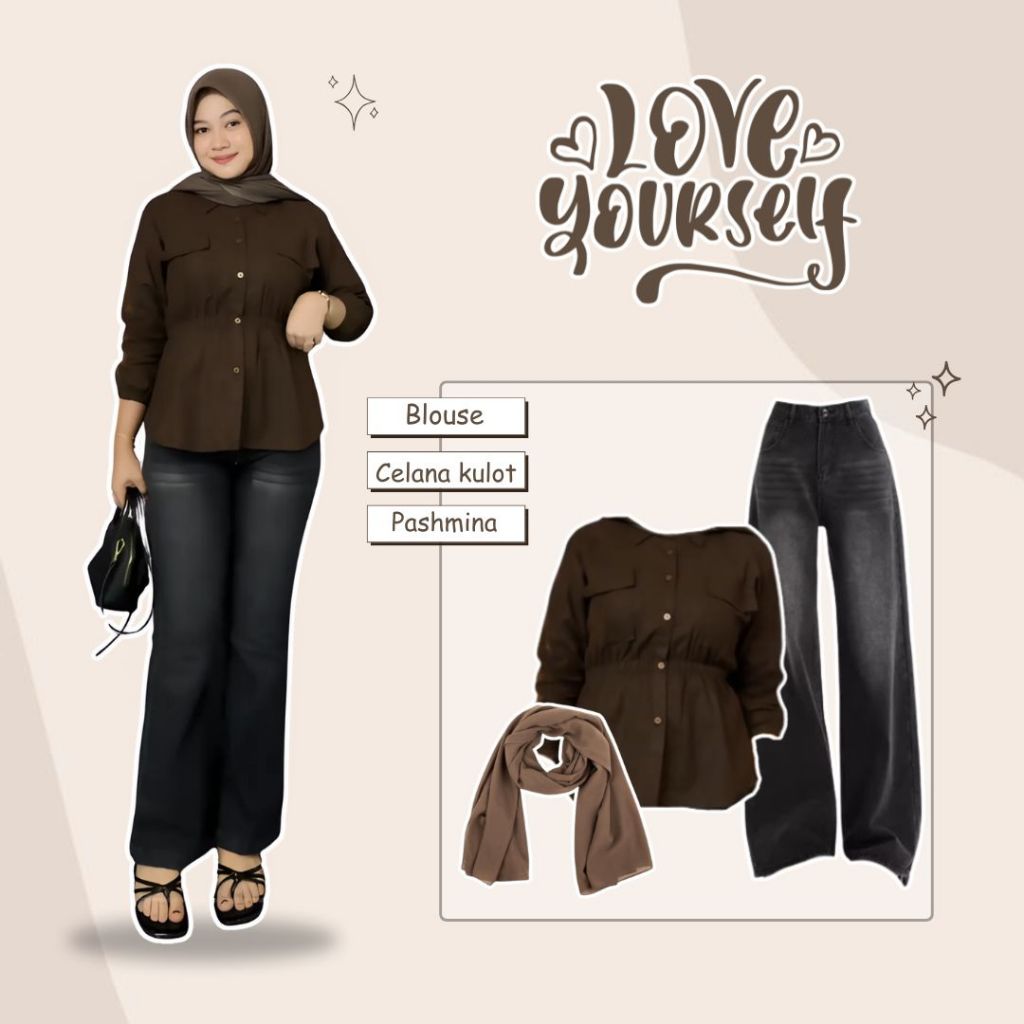 One ชุด 3in1 Casual Beena Top เสื้อ Culottes กางเกงกางเกงยีนส์เอวสูงและ Pashmina BK88