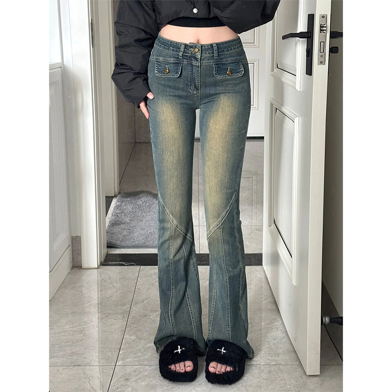 YOYO- Cutbray Jeans Blue Highwaist Womens Stretched Cutbray Jeans