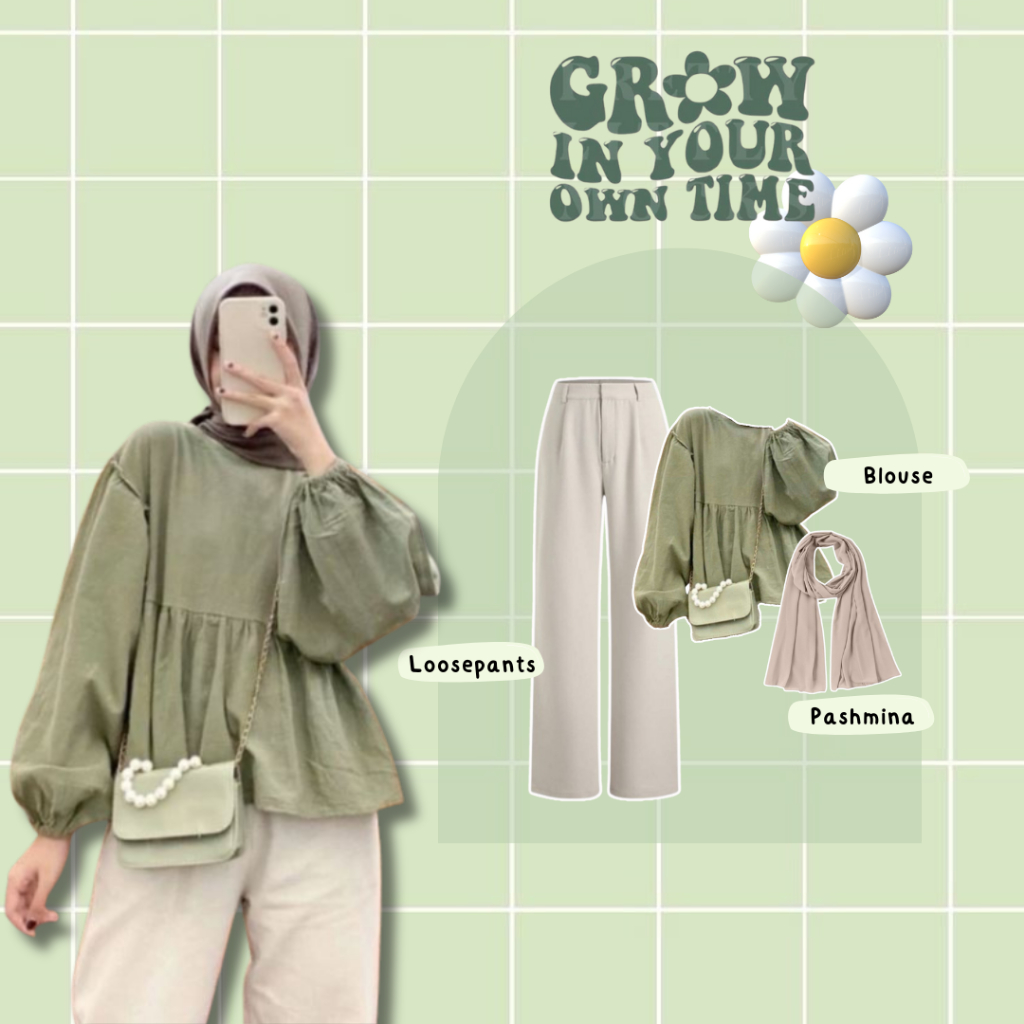 ชุดวัยรุ่น 3ใน1 | Loosepants Jennie Knit Ivory + เสื้อผ้าลินิน Army + Hijab Bella Square | Viral One