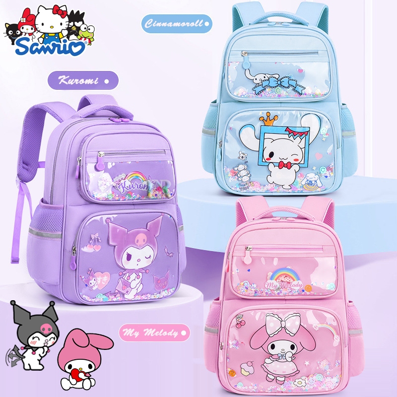 LNR Shop กระเป๋านักเรียนกระเป๋าเป้สะพายหลังสําหรับสาว Glitter Sanrio Kuromi My Melody Motif Cinnamor