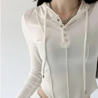 [Premium] 99kOUTLET Atasan Wanita Cropped Hoodie Top Kancing Round Neck Lengan Panjang (S/M/L) 7075 T-shirt Women Plain Baju Terbaru Kaos Kekinian