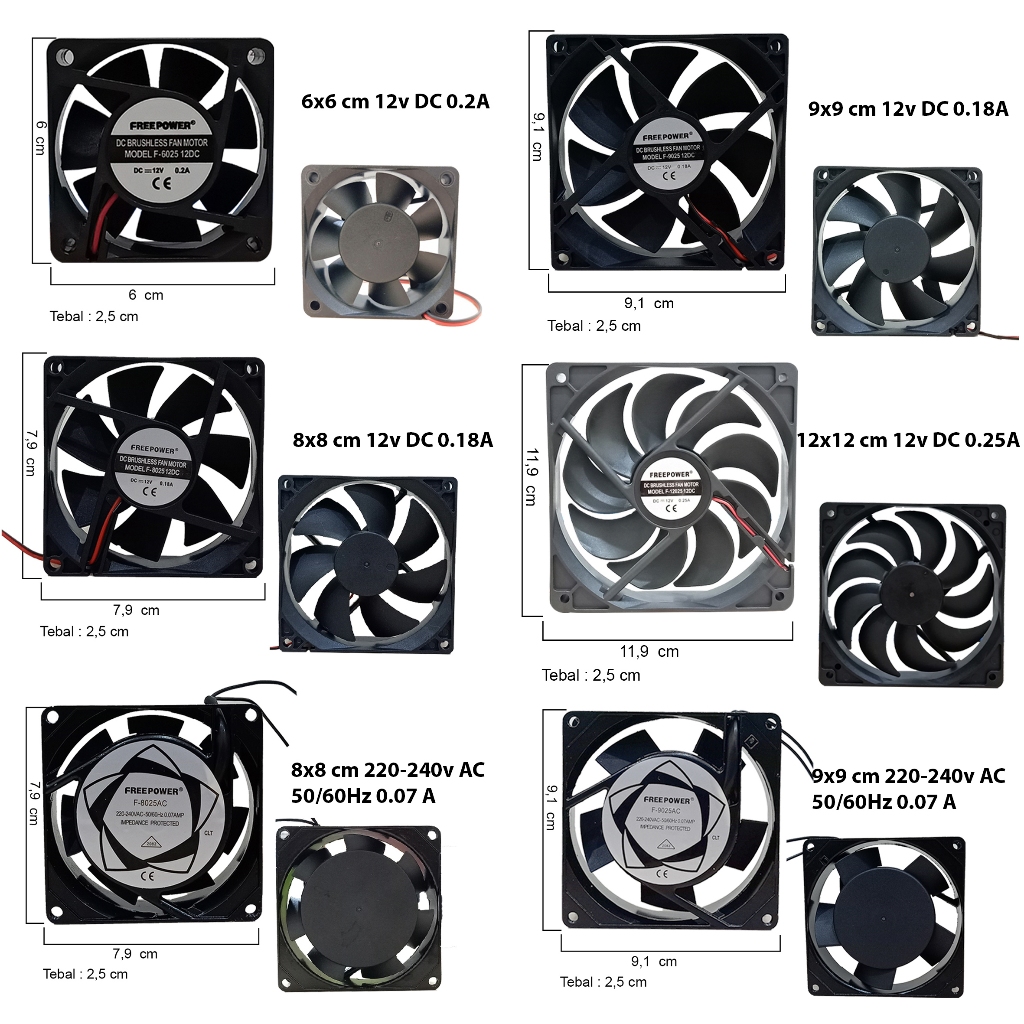 พัดลม DC 12V และ AC 6x6 8x8 9x9 12x12 ซม. พัดลม DC 12V หนา 2.5 ซม. 12 โวลต์