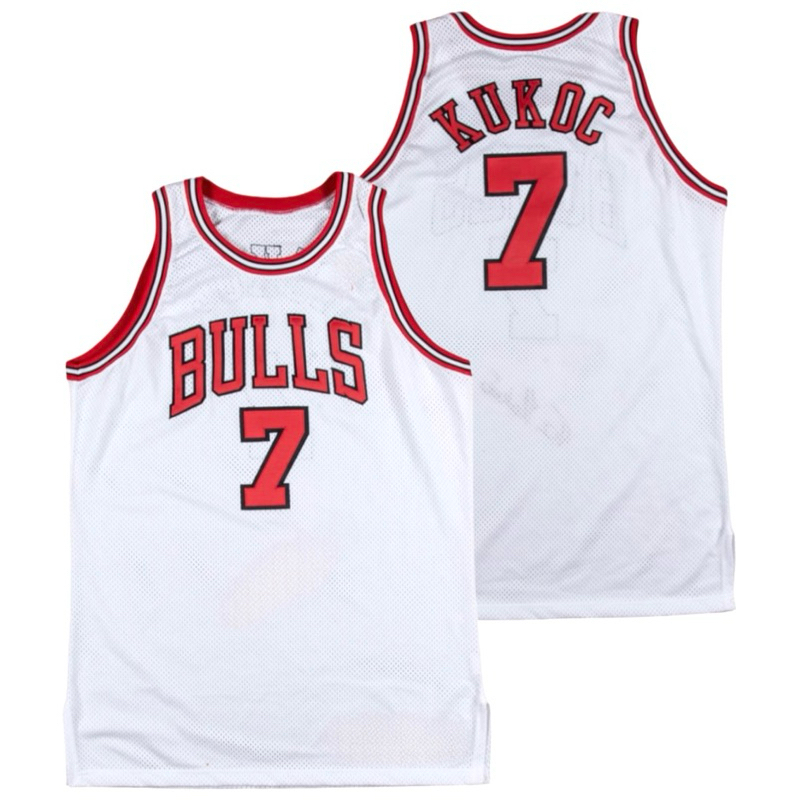 นําเข้า EMBROIDERED CLASSIC BULLS 7 TONI KUKOC เสื้อแจ็คเก็ตบอลสีขาว
