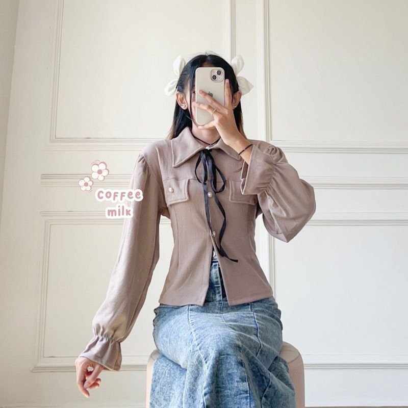 MOONLIGHT RIBBON TOP CONTAGE // FRENCH BLOUSE WITH AESTHETIC COQUETTE RIBBON ปุ่ม