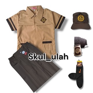 Setelan Seragam Sekolah Pramuka SD Anak Perempuan Baju Siaga Pendek Rok Cokelat Pendek