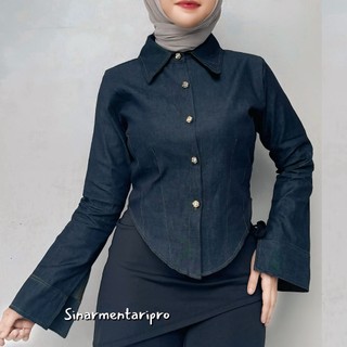 SMPRO - KEMEJA OVAL JEANS Wanita Kemeja Whispie Kancing Bunga Baju Atasan Wanita Jeans Tangan Panjang