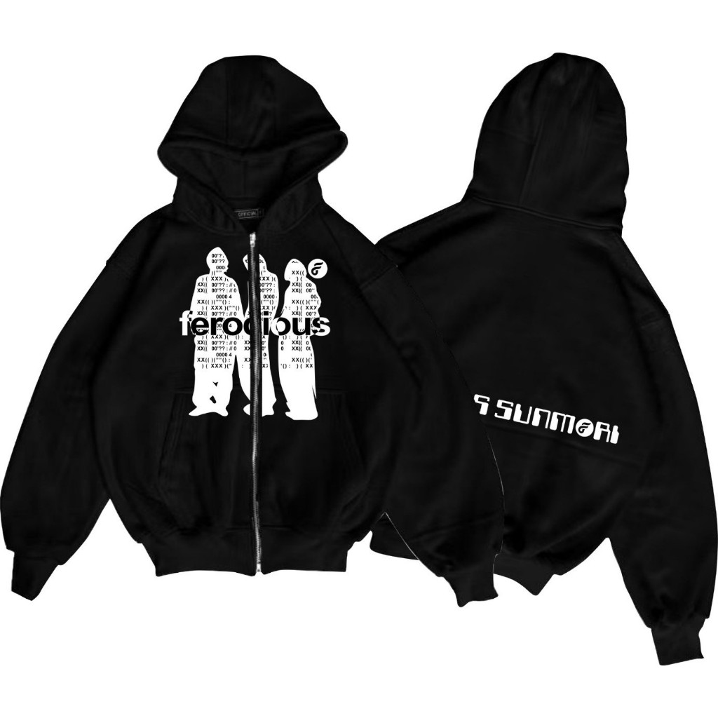 Ferocousous Sunmori สีดํา Oversize Unisex Boxy ซิปคู่ Hoodie เสื้อกันหนาว/ Boxy Zipper Hoodie/Premiu