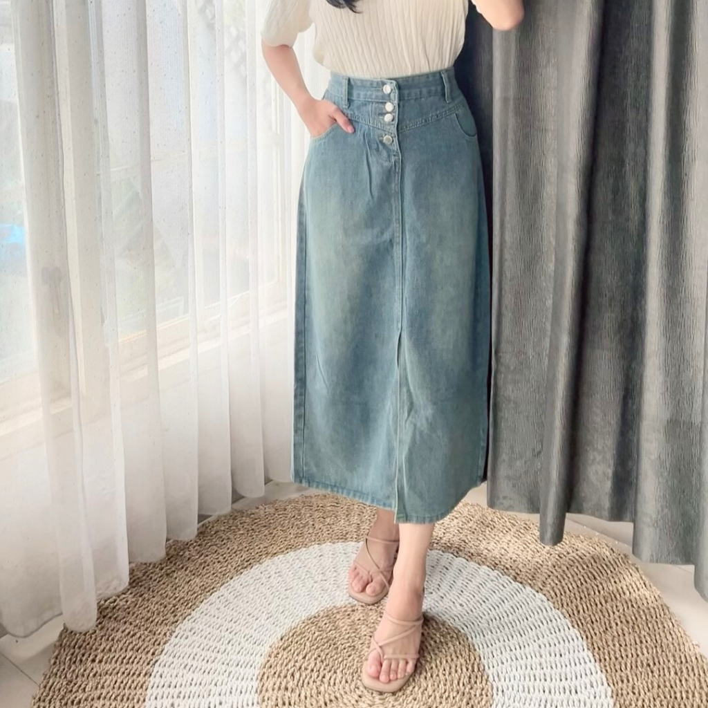 ARMY GREEN FOUR-BUTTON MIDI JEANS SKIRT - 18402090