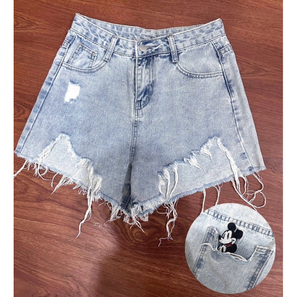 กระเป๋าซ่อน Mickey Mouse Hotpants / Ripped Detailing Jeans Shorts / Highwaist Raw Light Denim Short 