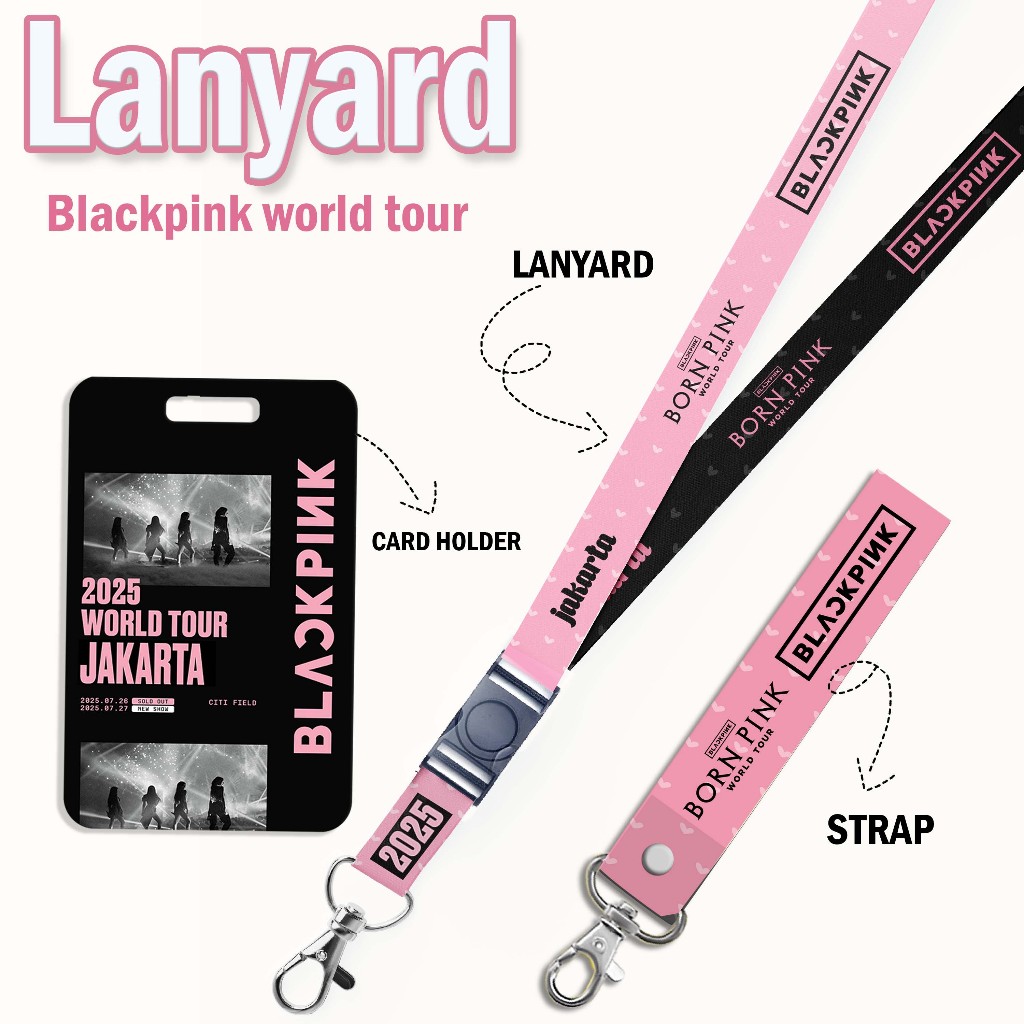 GANTUNGAN STRAP LANYARD CARD HOLDER พวงกุญแจทัวร์โลกสีชมพูสีดํา - สายรัดโทรศัพท์มือถือ - บัตรประจําตัว