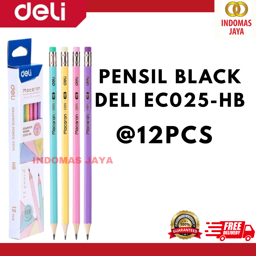 Deli Graphite Pencil / ดินสอไม้ HB 12 ชิ้น สีพาสเทลน่ารัก ยางลบแบบกด EC025-HB