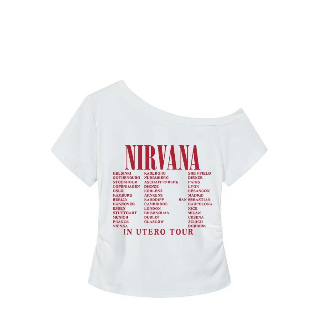 อเมริกันย้อนยุค "Alfabet Nirvana" พิมพ์เสื้อยืดเปิดไหล่ผู้หญิงล่าสุด 2025|เสื้อปาดไหล่ไม่สมมาตร |เสื